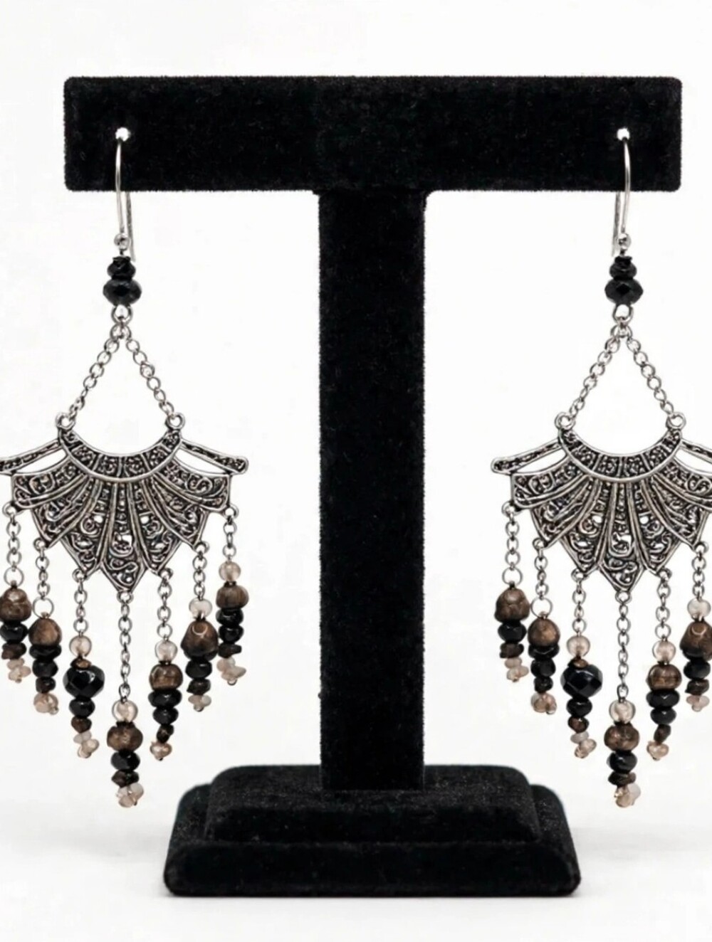 2/$10.      BBohemian Silver Fan Drop Earrings with Black and Brown Beads